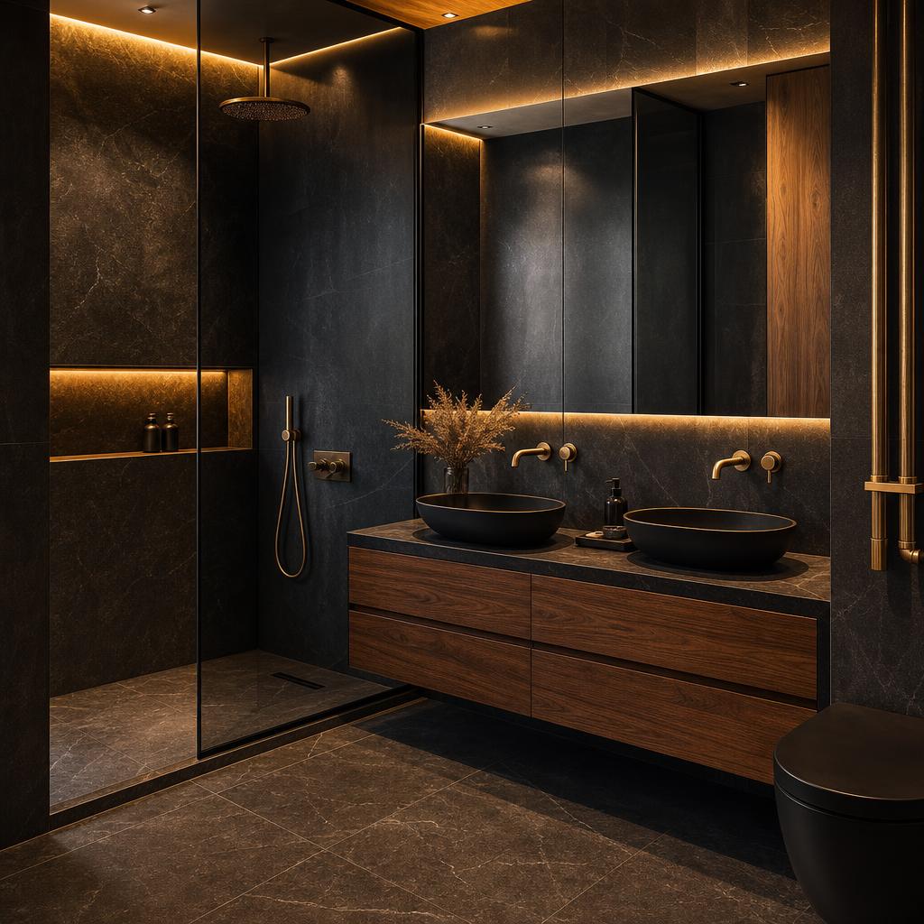 Bagno ristrutturato con materiali scuri, legno e dettagli oro