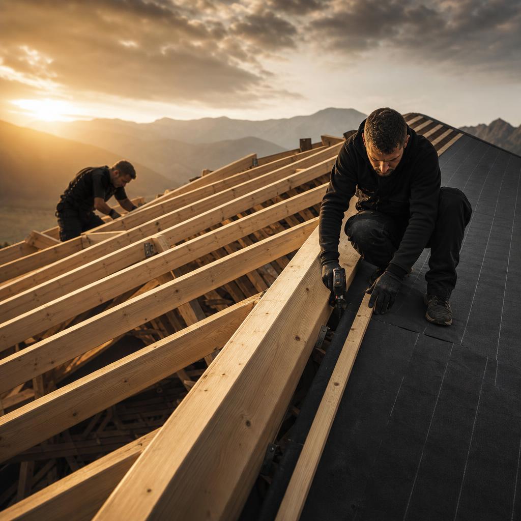 Tecnici al lavoro sulla struttura in legno di un tetto